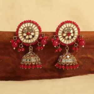 Gold Finish Statement Jhumka Earrings Studded with Handcut Mirrors &  Pink Beads for Women