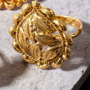 Gold Pated Antique Metal Leaf Finger Ring for Women