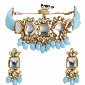 Gold Plated and Kundan and Blue Beads Embellished Choker Set for Women