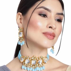 Gold Plated and Kundan and Blue Beads Embellished Choker Set for Women