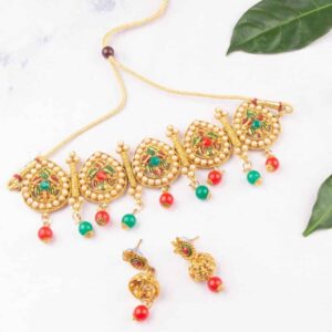 Traditional Gold Plated Antique Red and Green Enamel Necklace Set Embellished with Pearls for Women
