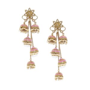 Gold Plated baby Pink Enamel Earrings with Pink Stone