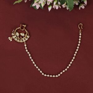 Gold Plated Bridal Kundan Nose Ring with Pearl Chain for Women