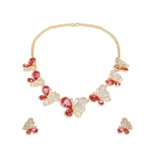 Gold Plated Butterfly Shaped Pink Rhinestones Studded Necklace Set for Women