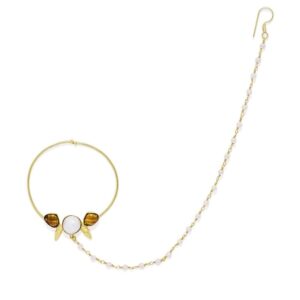 Gold Plated Champagne Stone Contemporary Nose Ring with Pearl Chain for Women