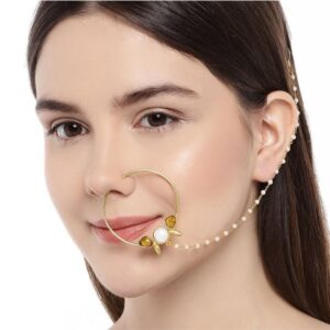 Gold Plated Champagne Stone Contemporary Nose Ring with Pearl Chain for Women