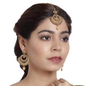 Gold Plated Chandbali Style Earrings and Maang Tika Set for Women