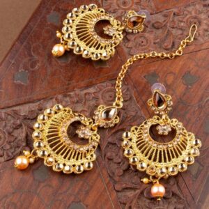 Gold Plated Chandbali Style Earrings and Maang Tika Set for Women