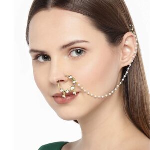 Gold Plated Delicate Kundan Nose Ring with Pearl Chain for Women