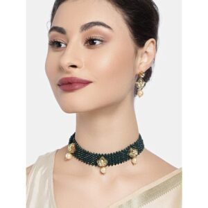 Gold Plated Embellished Kundan and Green Beads Choker Necklace Set for Women