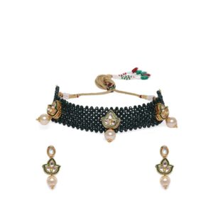 Gold Plated Embellished Kundan and Green Beads Choker Necklace Set for Women