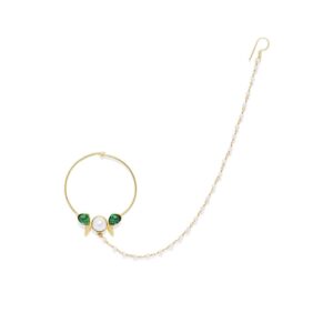 Gold Plated Emerald Stone Contemporary Nose Ring with Pearl Chain for Women