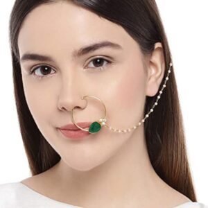 Traditional Gold Plated Emerald Green Stone Nose Ring With Chain for Women