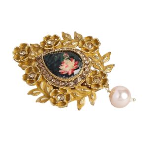 Gold Plated Enamel and Stone Embellished Drop Shape Saree Pin and Brooch for Men and Women