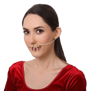 Gold Plated Ethnic Kundan Nose Ring with Pearl Chain for Women