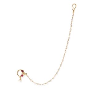 Gold Plated Ethnic Kundan Nose Ring with Pearl Chain for Women