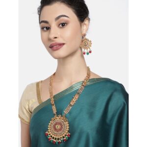Traditional Gold Plated Rhinestone Studded Ethnic Ruby Green Long Necklace Set for women