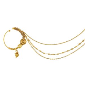 Gold Plated Ethnic Statement Nose Ring with Three Layer Chain for Women