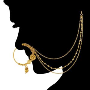 Gold Plated Ethnic Statement Nose Ring with Three Layer Chain for Women