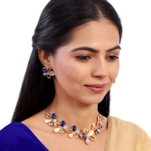 Gold Plated Floral Necklace Set of 3 Studded with Sapphire Blue Stones & Rhinestones for Women