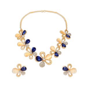 Gold Plated Floral Necklace Set of 3 Studded with Sapphire Blue Stones & Rhinestones for Women