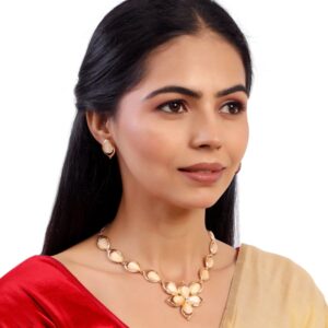 Gold Plated Floral Studded Beige Necklace Set for Women