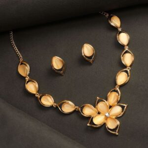 Gold Plated Floral Studded Beige Necklace Set for Women