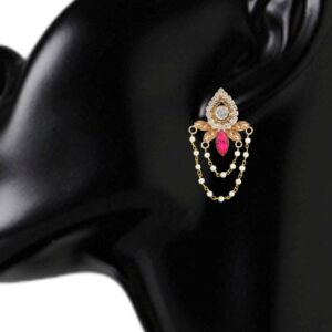 Gold Plated Fuschia Pink Rhinestone Dangle Earrings with Chain Tassles for Women