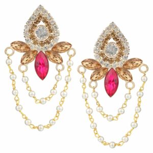Gold Plated Fuschia Pink Rhinestone Dangle Earrings with Chain Tassles for Women