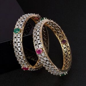 Gold Plated Green & Pink American Diamond Studded Handcrafted Bangles Set Of 2 for Women