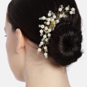 Gold Plated Hair Comb Pin Embellished with Pearls and Crystal Beads for Women