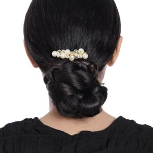 Gold Plated Hair Comb Pin Embellished with Pearls and Crystal Beads for Women