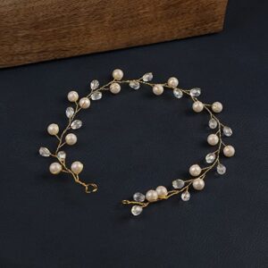 Gold Plated Hair Vine with Pearl and Crystal Beads for Women
