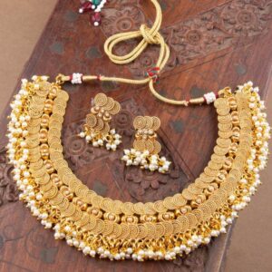 Traditional Gold Plated Handcrafted Antique Gold Embellished Choker Necklace Set for Women