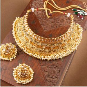 Traditional Gold Plated Rhinestone Studded Handcrafted Antique Filigree Choker Necklace Set with Pearls for Women