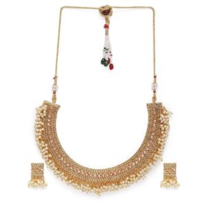 Traditional Gold Plated Rhinestone Studded Handcrafted Pearl Choker Necklace Set for Women