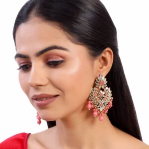 Gold Plated Handcut Mirrors Studded Statement Chandelier Earrings with Pink Bead Danglers for Women