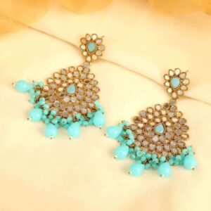 Gold Plated Handcut Mirrors Studded Statement Dangle Earrings with Blue Beads for Women