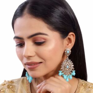 Gold Plated Handcut Mirrors Studded Statement Dangle Earrings with Blue Beads for Women