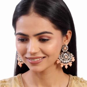 Gold Plated Handcut Mirrors Studded Statement Dangle Earrings with Peach Beads for Women
