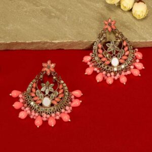 Gold Plated Handcut Mirrors Studded Statement Dangle Earrings with Pink Beads for Women