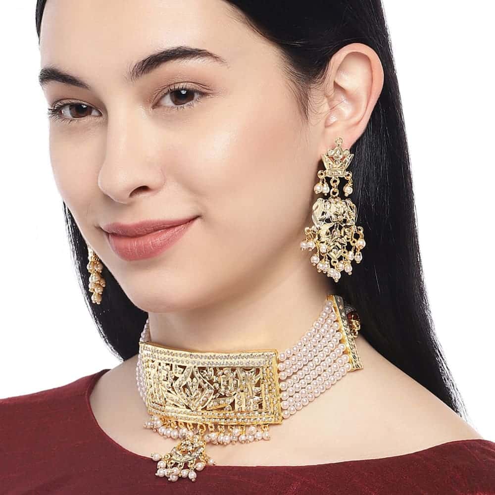Gold Plated Jadau Necklace with Pearls for Women - Choker