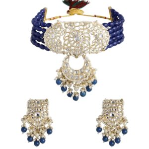 Gold Plated Kundan and Blue Beads Embellished Choker Set Women