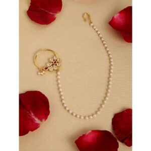 Gold Plated Kundan and Kemp Stone Embellished Nose Ring with Pearl Chain for Women