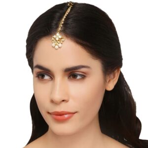 Gold Plated Kundan and Pearls Embellished Maang Tikka for Women
