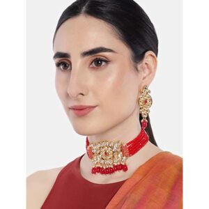 Gold Plated Kundan and Ruby Beads Embellished Choker Set for Women
