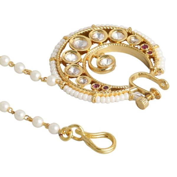 Gold plated pressing type Bridal Kundan nose ring with chain