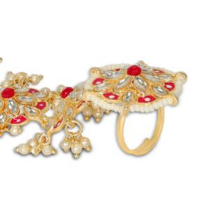 Gold Plated Kundan, Enamel & Pearl Studded Bracelet with Adjustable Finger Ring for Women