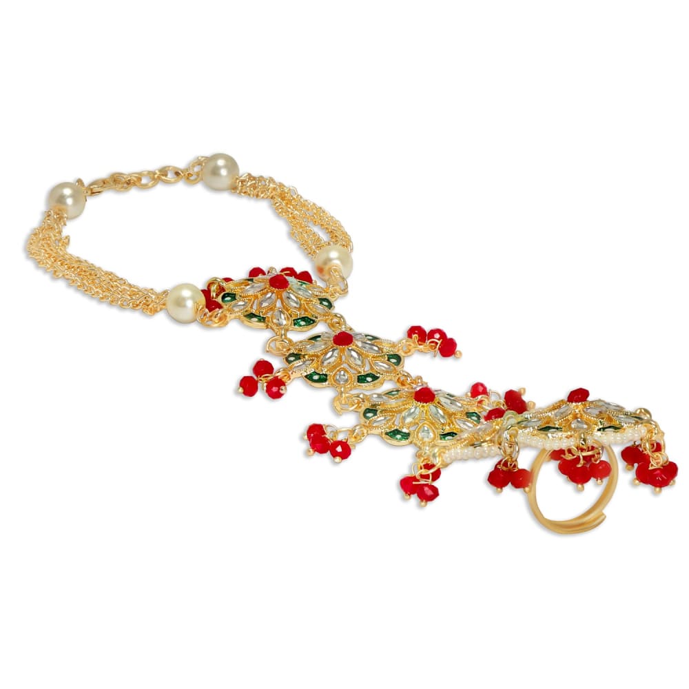 Gold Plated Kundan Enamel & Pearl Studded Bracelet with