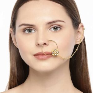 Gold Plated Kundan Nose Ring with Chain for Women